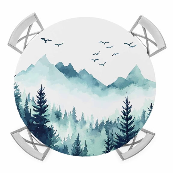 Turquoise Forest Round Tablecloth for 36-44 Inch Tables, Fitted Table Cover with Elastic Edge, Mountains Birds Fog Tree Scenery Waterproof Outdoor Table Cloth Protector for Patio Garden Dinner Picnic