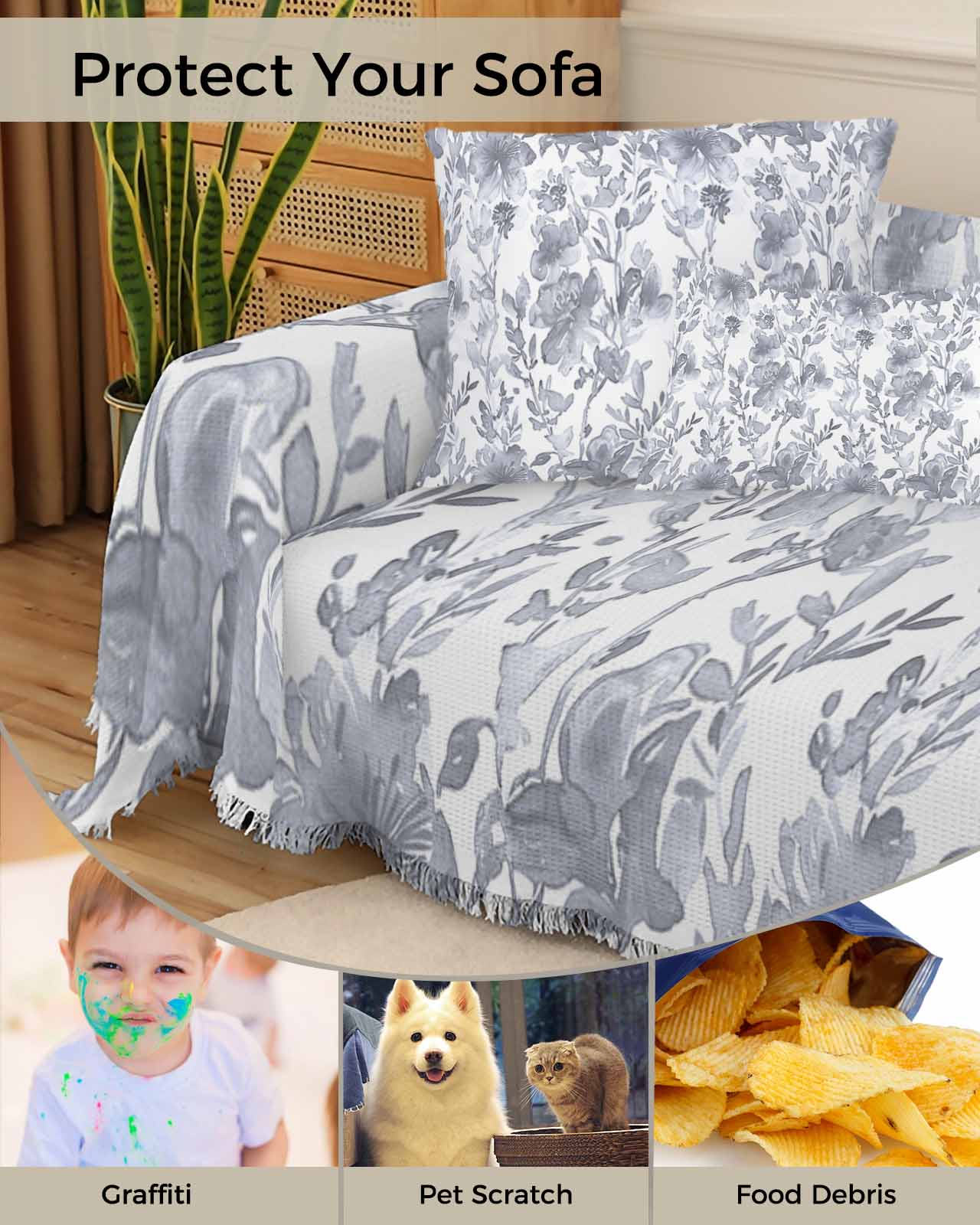 Gray Botanical Sofa Covers for 3 Cushion Couch,Washable Sectional & L Shape Couch Covers for Dog/Cat/Kid,Floral Flower Abstract Contemporary Plant Non Slip Sofa Slipcover Tassel Futon Cover 71x150
