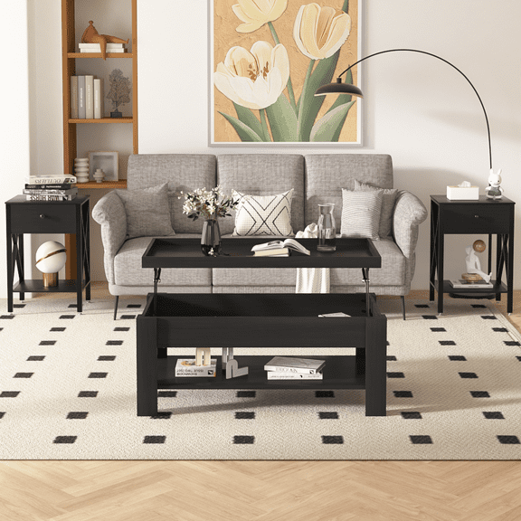 VECELO 3-Piece Coffee Table Set with Lift-top Coffee Table and Set of 2 End Tables, Modern Living Room Table Sets for Home and Office, Black