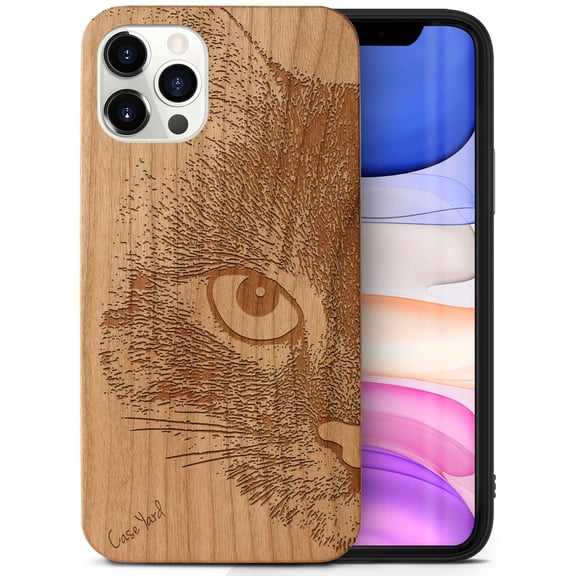 Case Yard Wooden Case Outside Soft TPU Silicone, Slim Fit Shockproof Wood Protective Phone Cover for Girls Boys Men and Women, Supports Wireless Charging Mad Cat Design case for iPhone-11-Pro