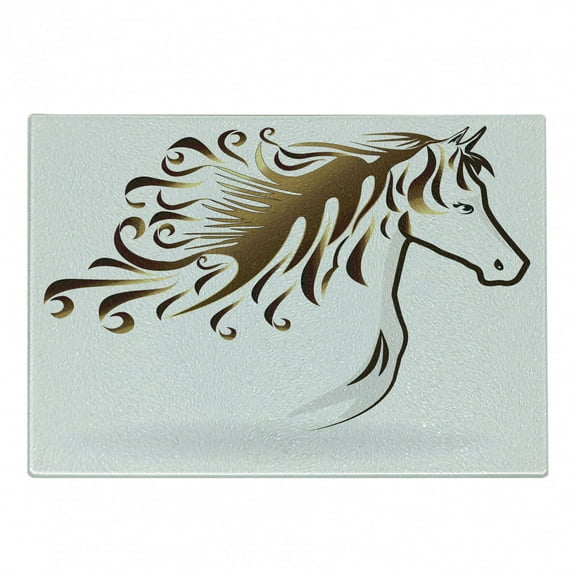 Animal Cutting Board, Art Design Half Outline Drawing with Swirly Mane Horse Graphic on Plain Backdrop, Decorative Tempered Glass Cutting and Serving Board, in 3 Sizes, by Ambesonne