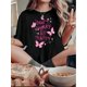thumbnail image 1 of Camiseta informal de cuello redondo para mujer con estampado de mariposas rosas, tejido de punto de algodón, elasticidad media, estampado animal, ajuste cómodo para todas las estaciones., 1 of 6