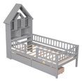 thumbnail image 3 of Twin Size Platform Bed with 2 Drawers, Solid Wood Platform Bed Frame with Fence Guardrails and House-shaped Headboard Bookshelves for Teens Boys and Girls,Gray, 3 of 7