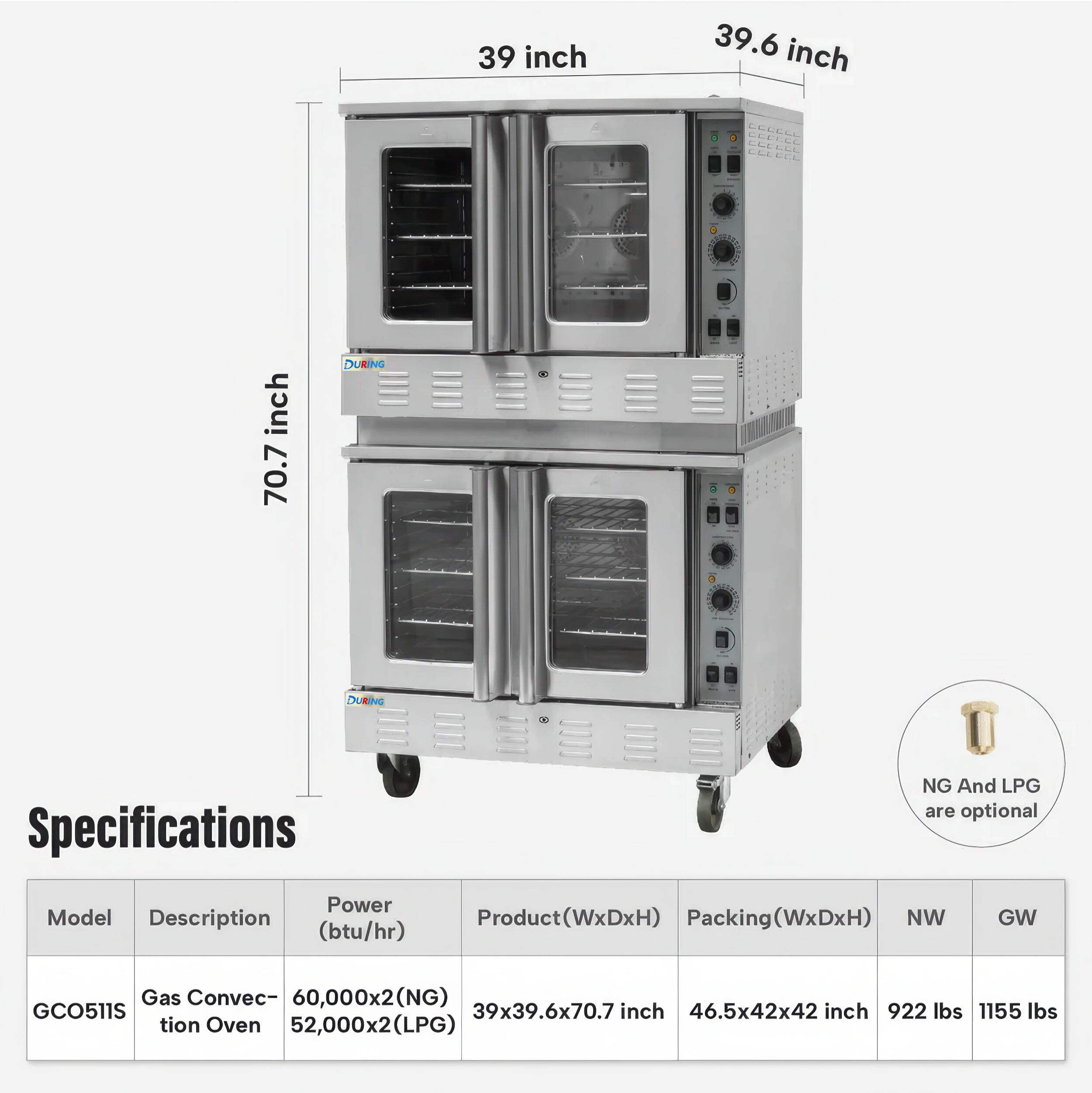 DURING D-GCO511S 39" Double Deck Full Size Gas Convection Oven - 120,000 BTU