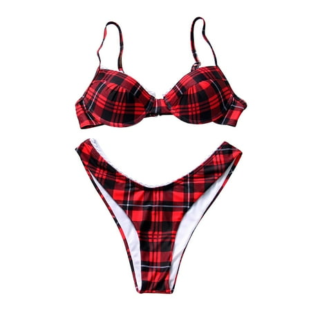 zuwimk Womens Bikini Women High Waisted Bikini Push Up Swimsuit Halter Wrap Criss Cross Bathing Suit Red L