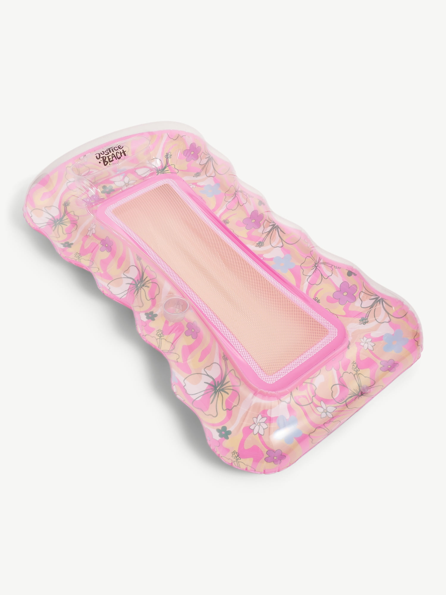 Justice 62" Inflatable Mesh Lounger Pool Float, Ages 6+, Retro Beach Design, Pink