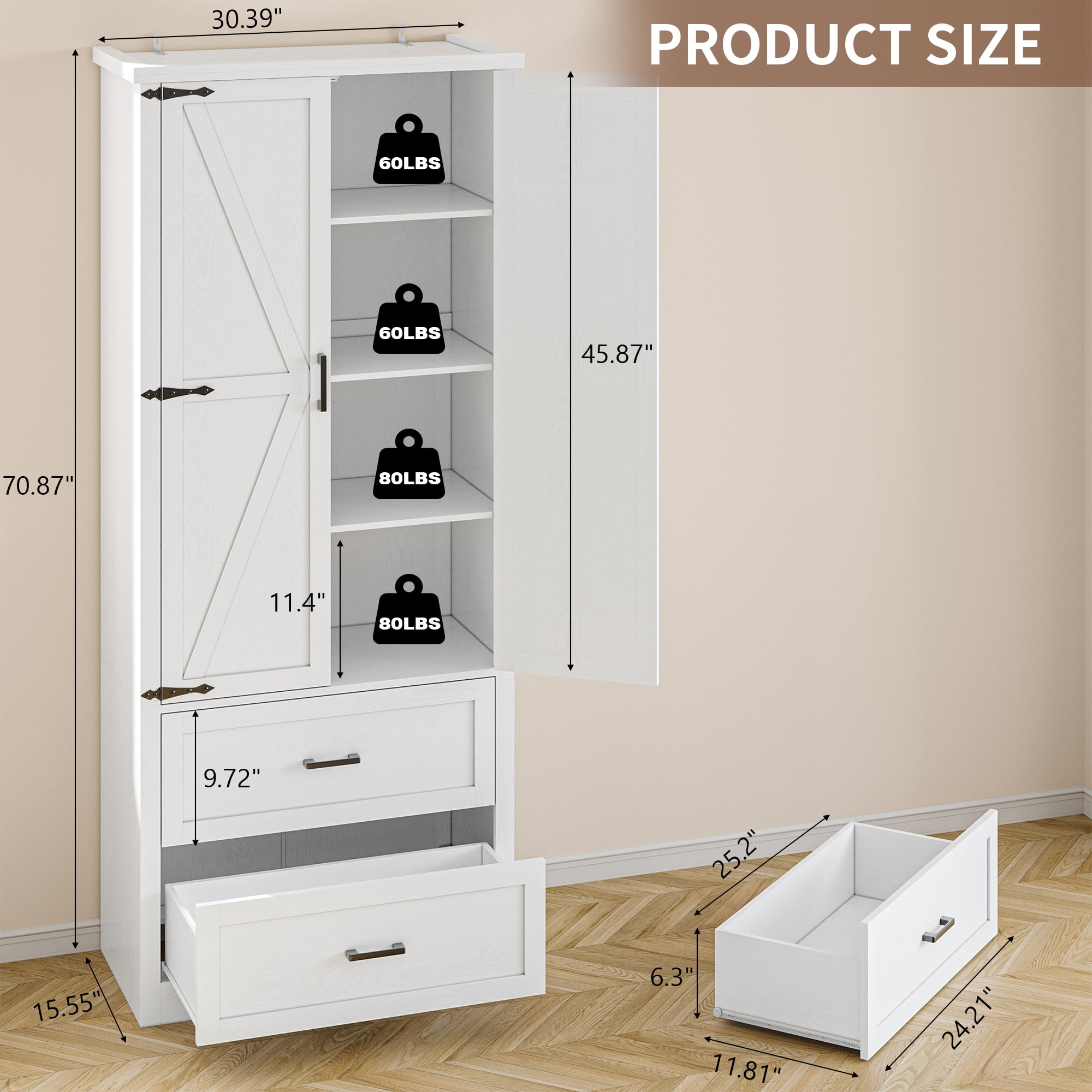 Pantry Organizers and Storage Cabinet, 71'' Barn Door Kitchen Cabinet with Drawers and Adjustable Shelf, Tall Pantry for Kitchen, Dining Room, Living Room. Bathroom and Office