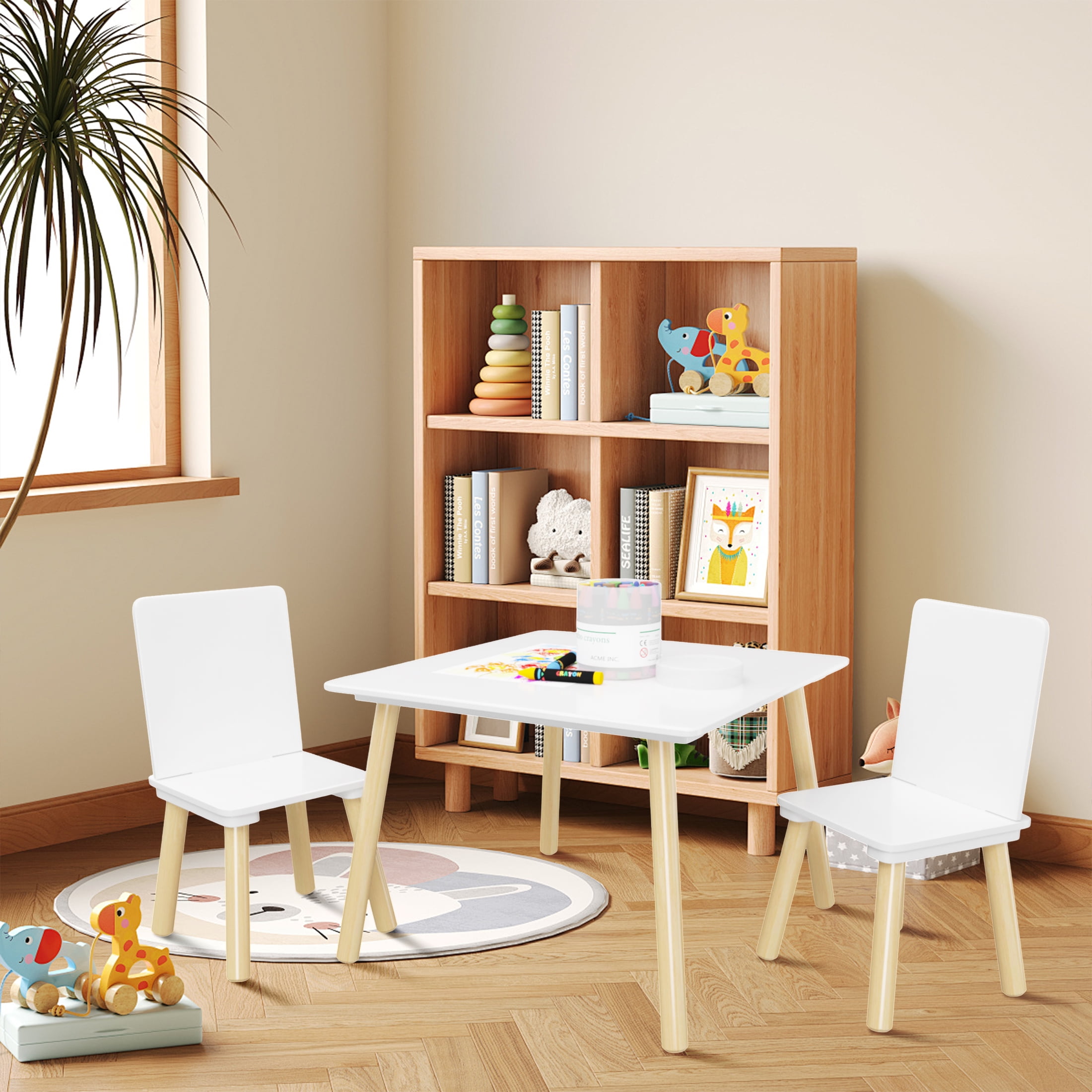 Aukfa Kids Table and Chairs Set, Wooden Play Table with 2 Chairs for Toddlers, Girls, Boys