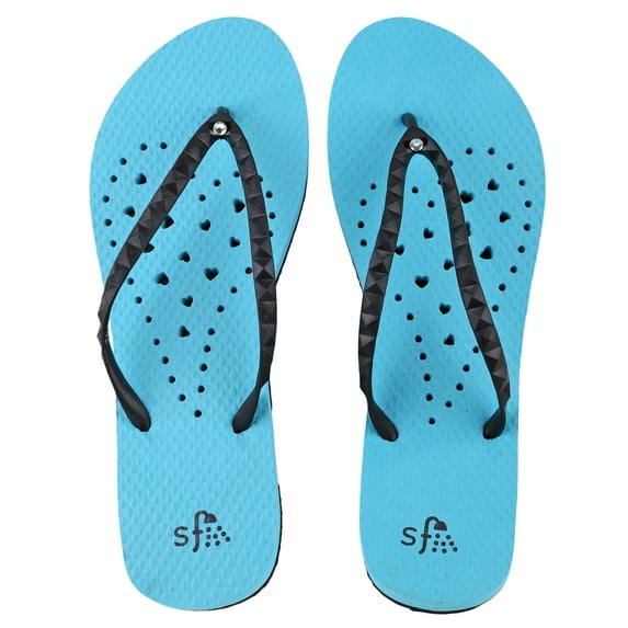 Showaflops Womens' Shower & Water Sandals for Pool, Beach, Dorm and Gym - Elongated Heart Collection Aqua/Black 7/8