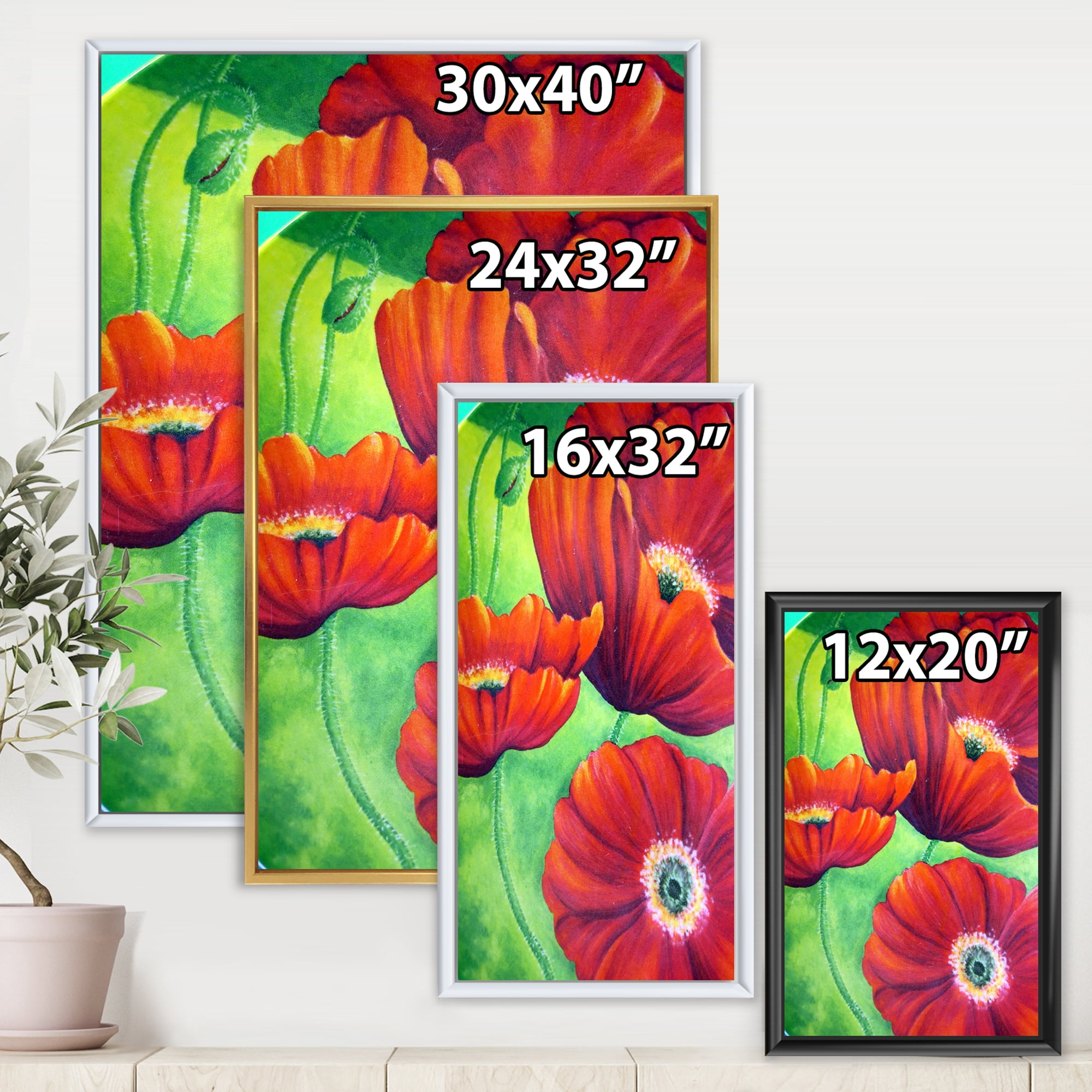 Red Blossoming Poppies Over Wild Green V 12 in x 20 in Framed Painting Canvas Art Print, by Designart