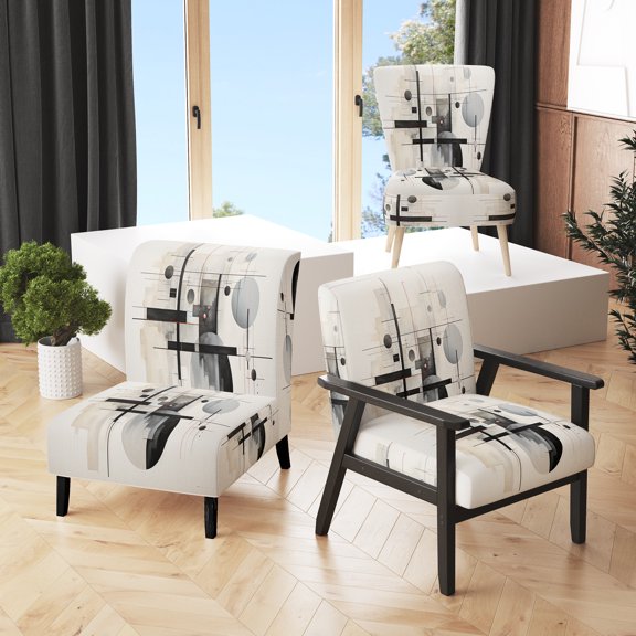 Designart "Beige Grey Suprematism Silent consistency I" Multi-Color Abstract Suprematism Upholstered Accent Chair - Modern Arm Chair For Living Room