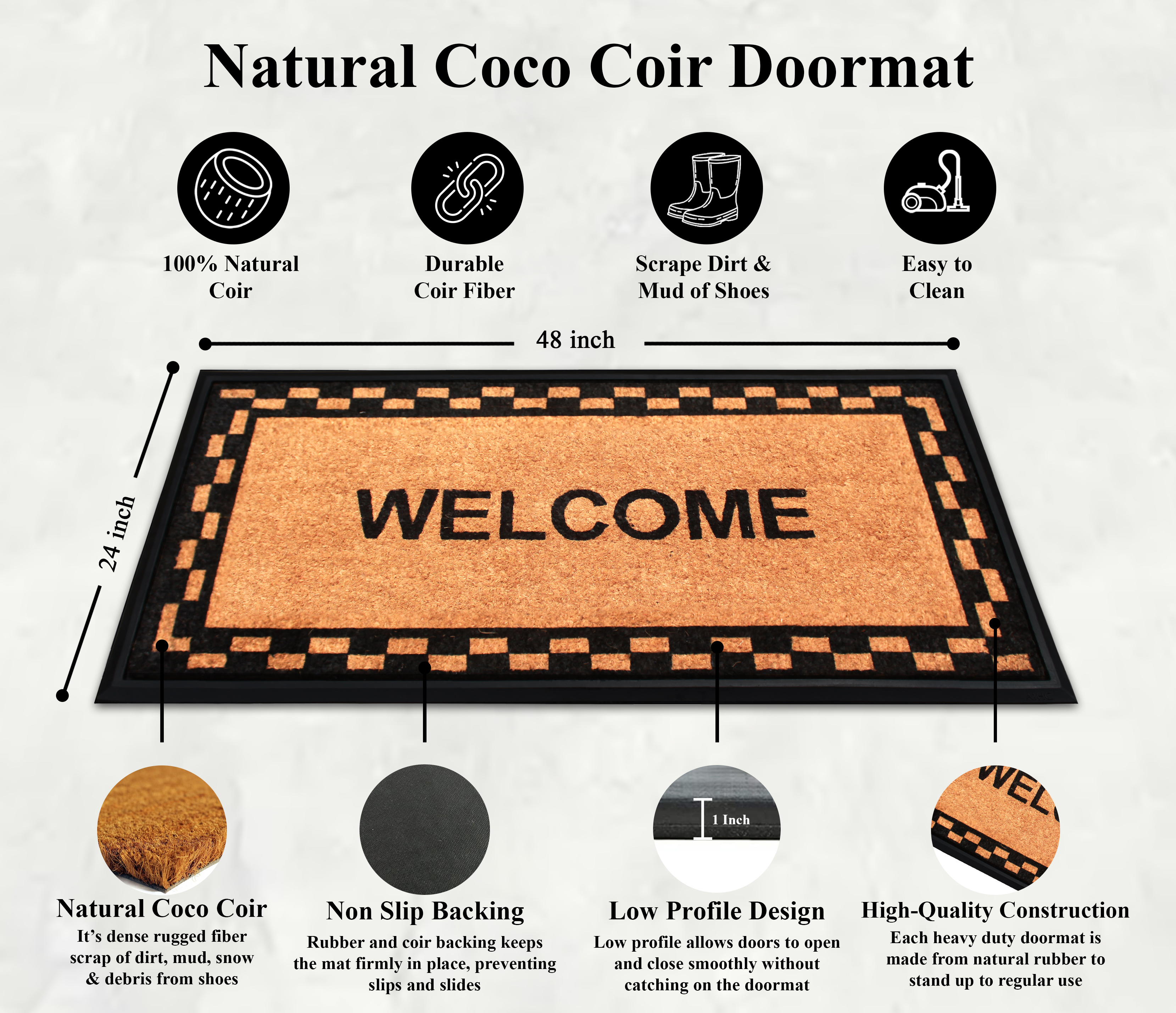 A1HC Rubber and Coir Welcome Heavy Duty Non-Slip Durable Doormat 24"X48", Black/Beige