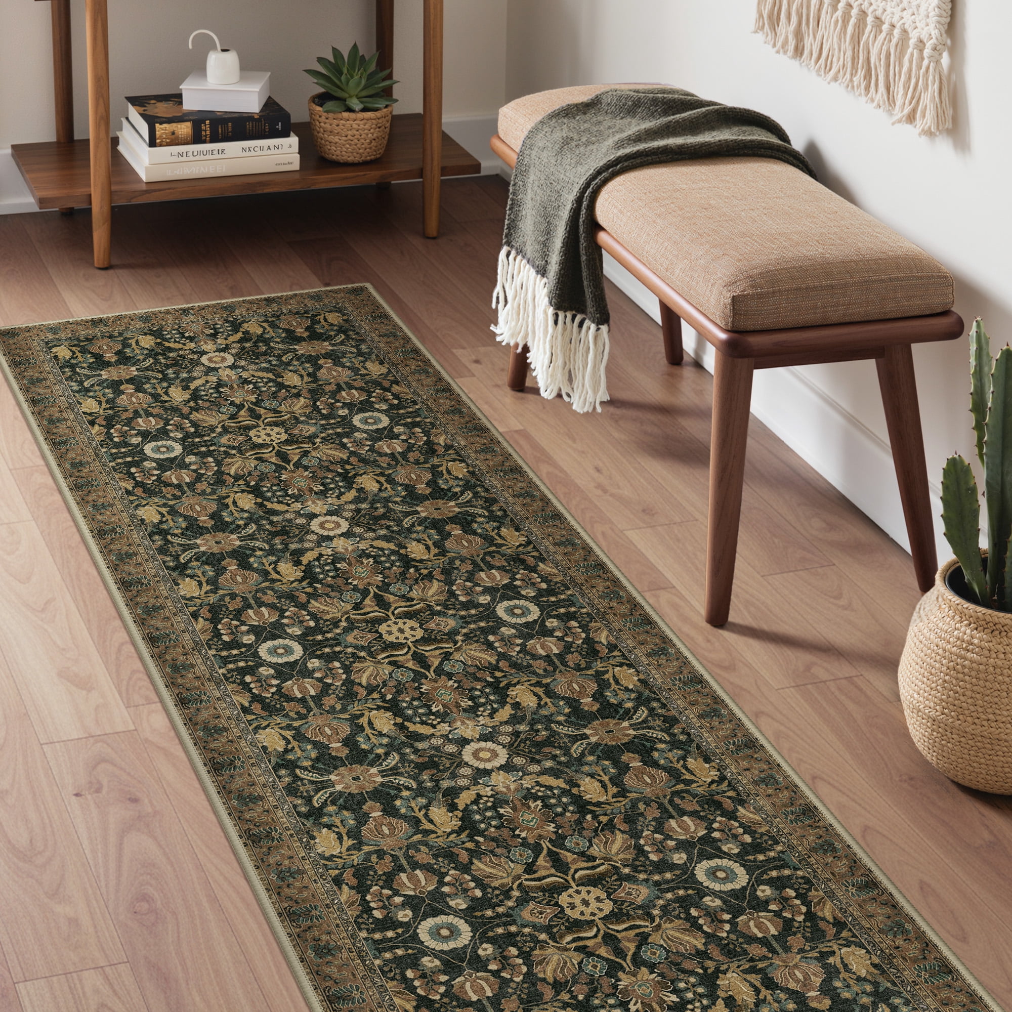 KUETH 2.5x12 Vintage Floral Runner Rug Machine Washable Rugs for Living Room, Non Slip Flat Pile Rug with Rubber Backing, Boho Rug for Entryway Hallway Kitchen and Corridor