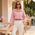 thumbnail image 4 of Womens Cropped Sweatshirt, Quarter Zip Pullover with Stand Collar, Drawstring Hem, Oversized Long Sleeve Tops for Fall Winter L, 4 of 7