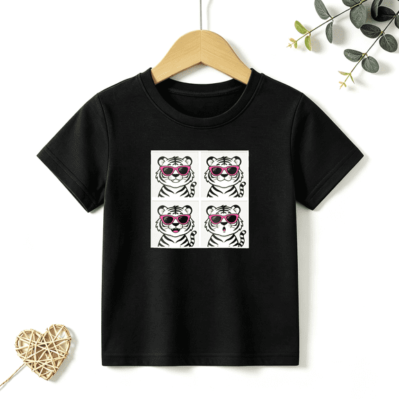 Girls Graphic Tees Cool White Tiger Sunglasses Kids T Shirt Grid 100% Cotton Short Sleeve Soft Tops 4-13Y