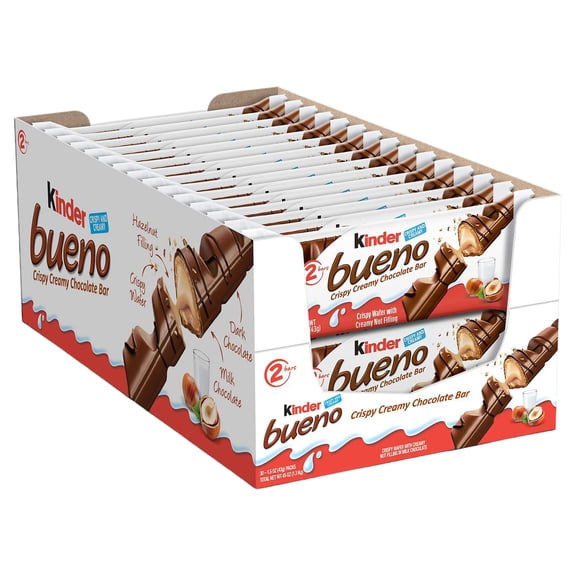 Kinder Bueno Milk Chocolate and Hazelnut Cream Candy Bar, 30 Packs, 2 Individually Wrapped Bars Per Pack