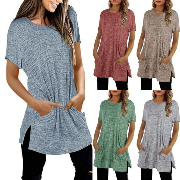 Fesfesfes T Shirts for Women Fashion Round Neck Solid Pocket T-shirt Tops Short Sleeve Loose Blouse Tee L(US:8)