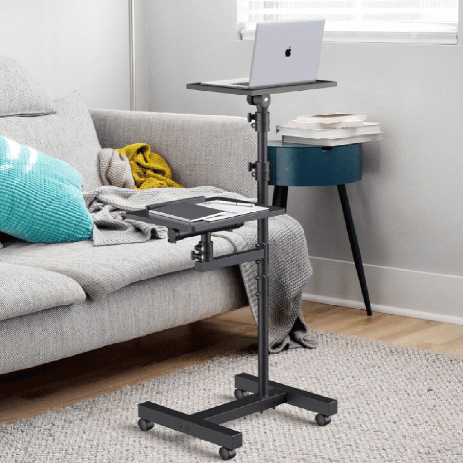 2 Shelves Projector Stand Tripod, Height Adjustable Max 64", Mobile Laptop Cart on Wheels Projector Tripod Stand, Overbed Table with Wheels, Rolling Laptop Floor Stand for Couch