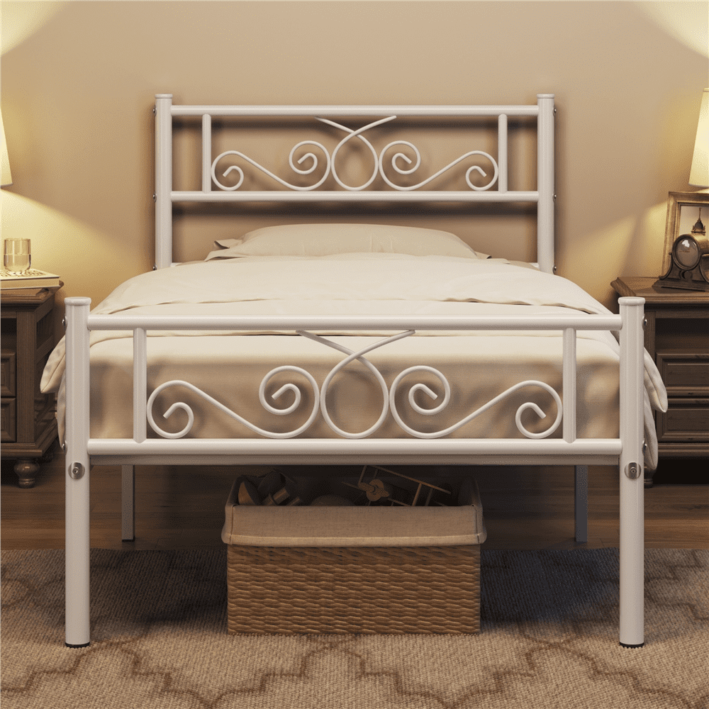 Renwick Twin Size Modern Scroll Metal Platform Bed for Adult, White