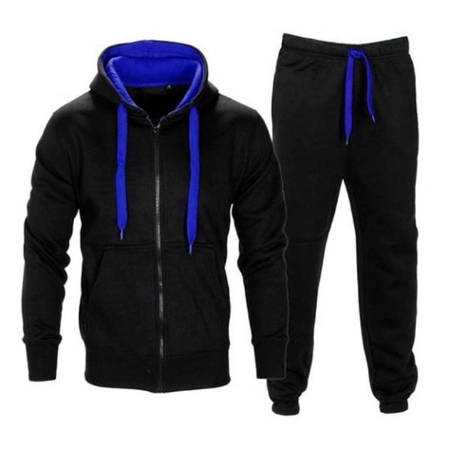 Men Casual Solid Drawstring Zipper Hoodie Tracksuit Long Sleeve Pant Set