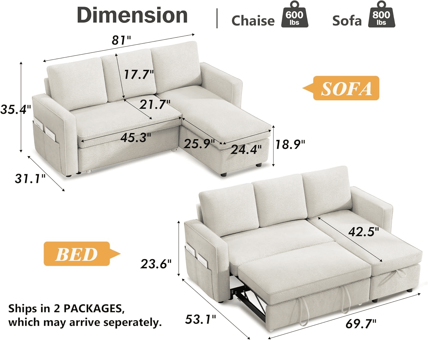 Vipbear 81" Sleeper Sofa Bed with Pull Out Bed, L Shaped Couch Sectional Sleeper Sofa, Pull Out Couch with Reversible Storage Chaise, Side Pockets, Chenille Beige