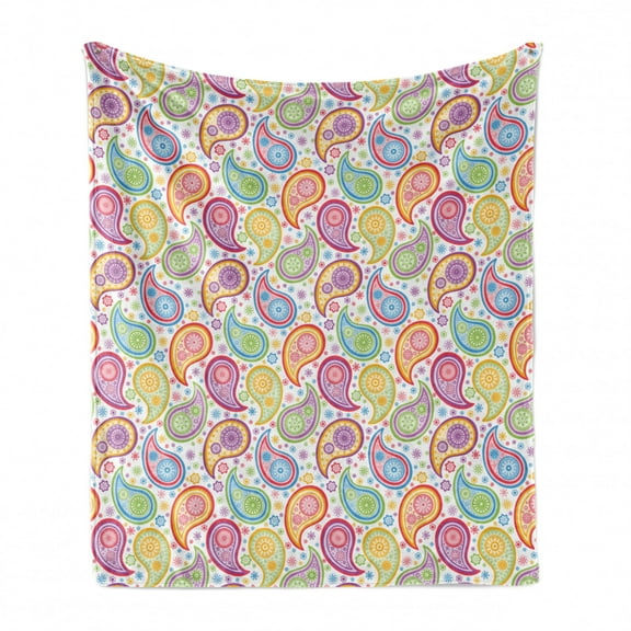 Paisley Soft Flannel Fleece Throw Blanket, Colored Patterned Backgrounded with Old Paisley Flowers and Circles Artwork, Cozy Plush for Indoor and Outdoor Use, 50" x 70", Multicolor, by Ambesonne
