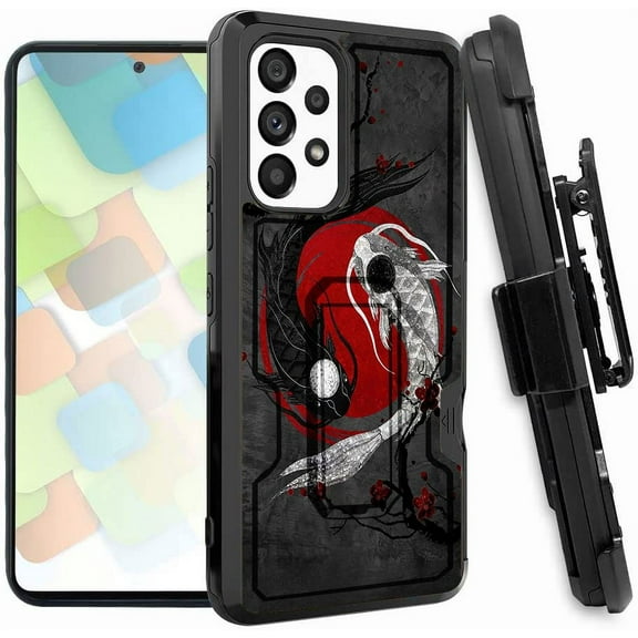 ANJ  Rugged Dual Layered Holster Case w/Kickstand, Card Slot Case   Tempered Glass Cover for Samsung Galaxy A53 5G - Taichi Koi Fish