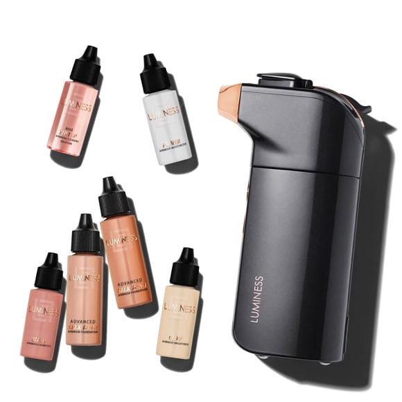 Luminess BREEZE DUO Airbrush Makeup System, Warm Coverage – 9-Piece Kit includes 2x Silk Airbrush Foundation, Soft Rose Blush, Glow Highlighter,