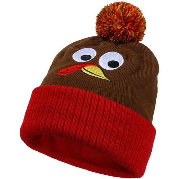 Thanksgiving Turkey Beanie with Pom Pom, Knitted Trot Hat for Holiday Events & Dress-Up Parties