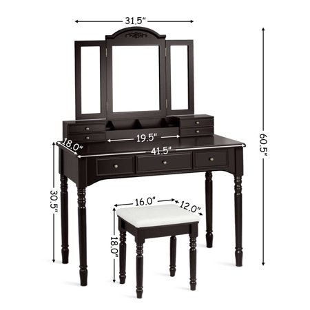 Gymax Vanity Set W 7 Drawers Tri Folding Necklace Hooked Mirror