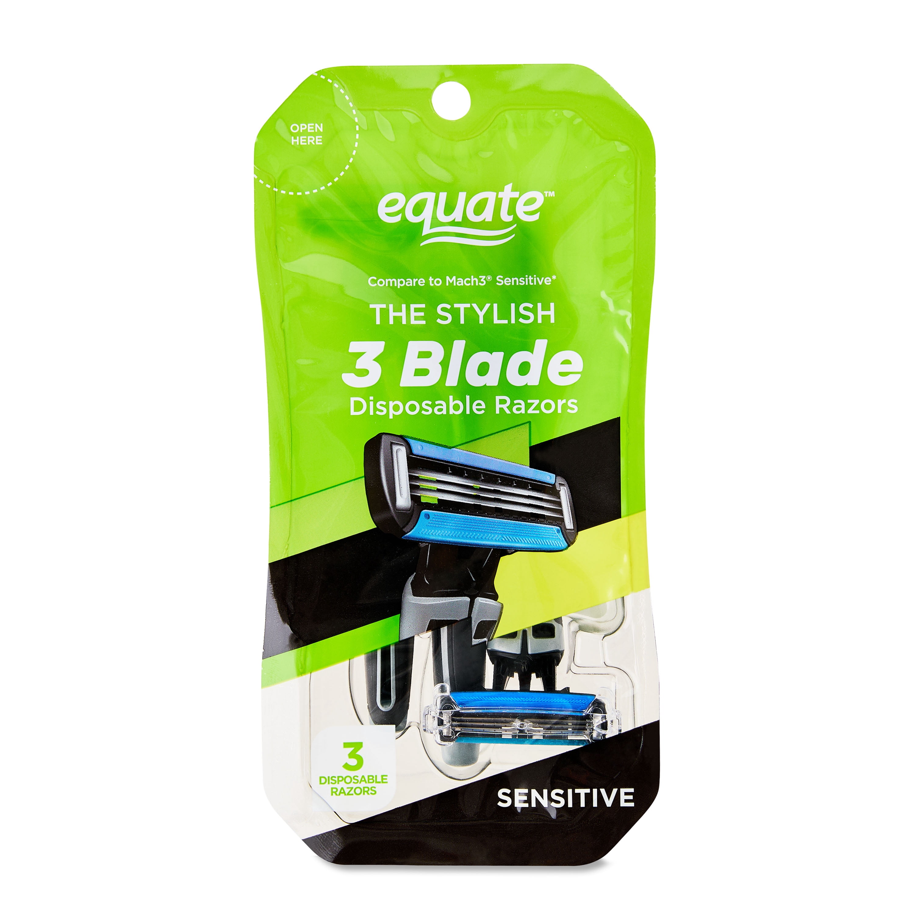 (3 pack) Equate Men's 3-Blade Sensitive Disposable Razors, Black, 3 Count