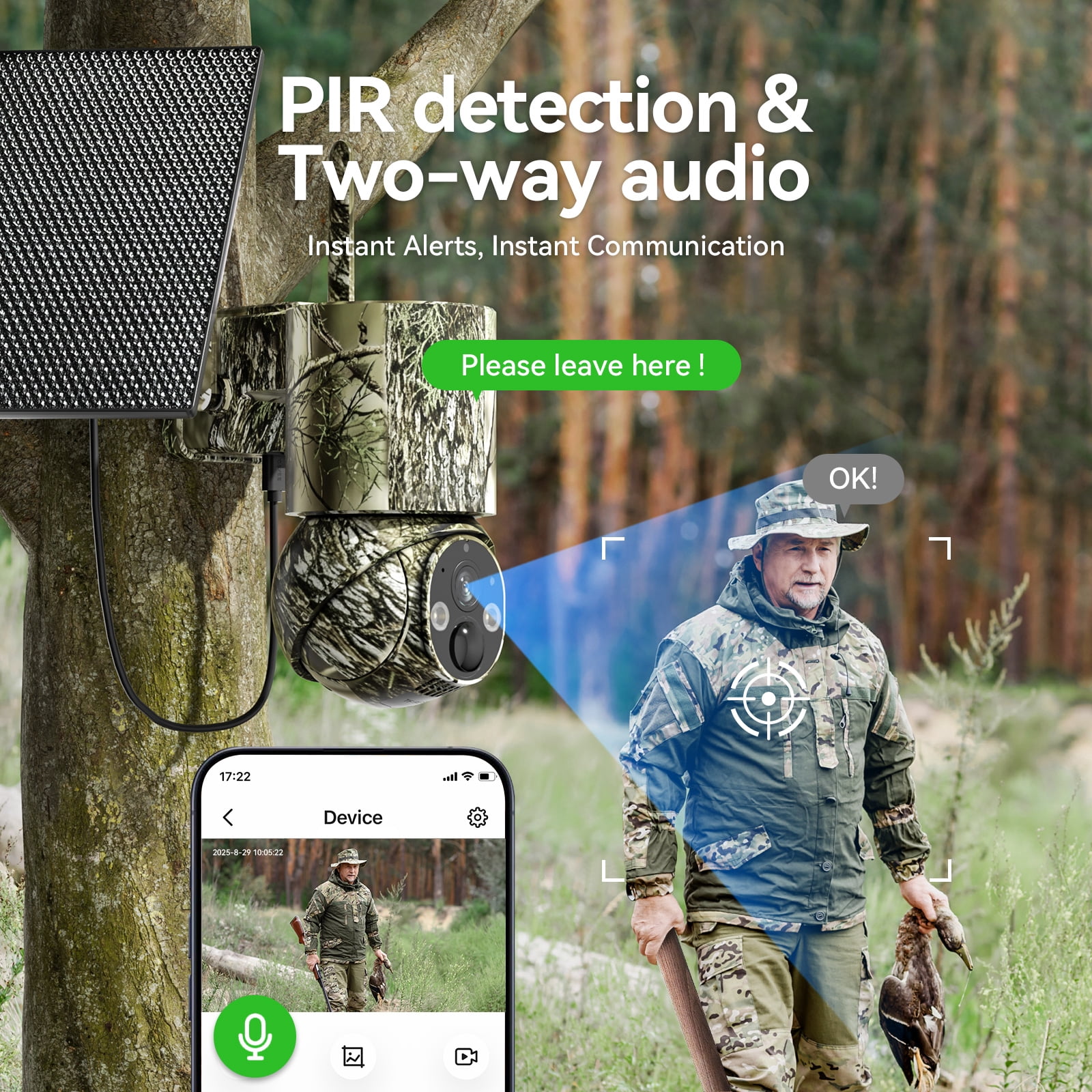 4G Solar-Powered LTE Cellular Trail Camera , Color Night Vision, 2-Way Talk, 1920P UHD, 360°True Panoramic Vision, SD Card/Cloud storage, PIR Detection, Instant Alerts, Instant Communication