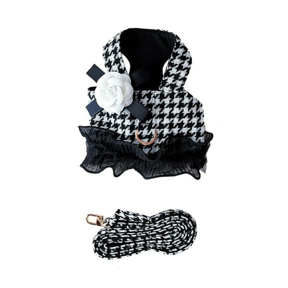 Small Dog Harness Dress with Leash Set, Houndstooth Print Dog Dress, Soft Tutu Vest Pet Clothes for Cats Puppy Small Dogs XS