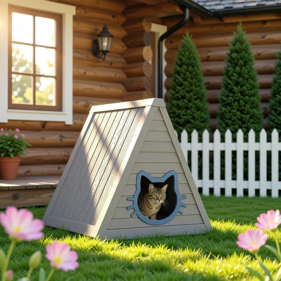 Outdoor Triangles Cat House, 23.82 x 25.59 x 25.67" Indoor Use Pet House Weatherproof Outside Cats Shelter with Escape Door of Cat Pattern (Gray)