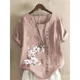 thumbnail image 4 of Camiseta de lino y algodón para mujer, Top elegante y cómodo con una hilera de botones, decoración de empalme, camisetas informales con estampado de flores para mujer 2024, 4 of 4