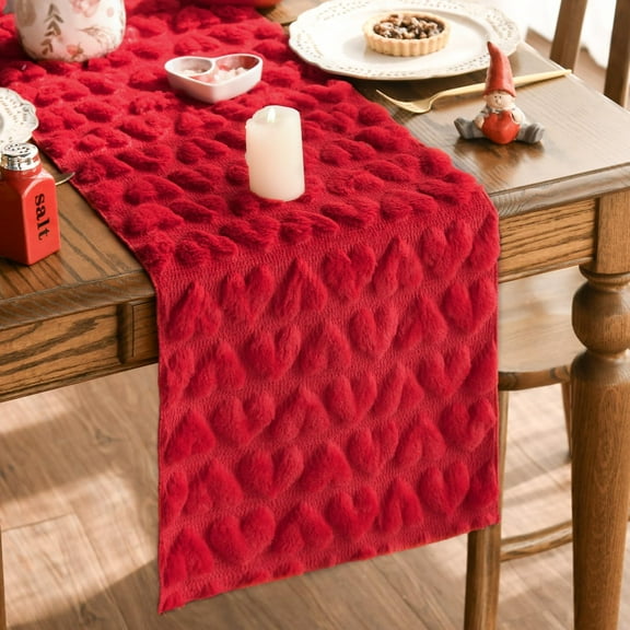 Snfy Soft Plush Faux Fur Jacquard Heart Valentine's Day Table Runner, Seasonal Kitchen Dining Table Decoration for Home Party Decor 13x72 Inch-Red