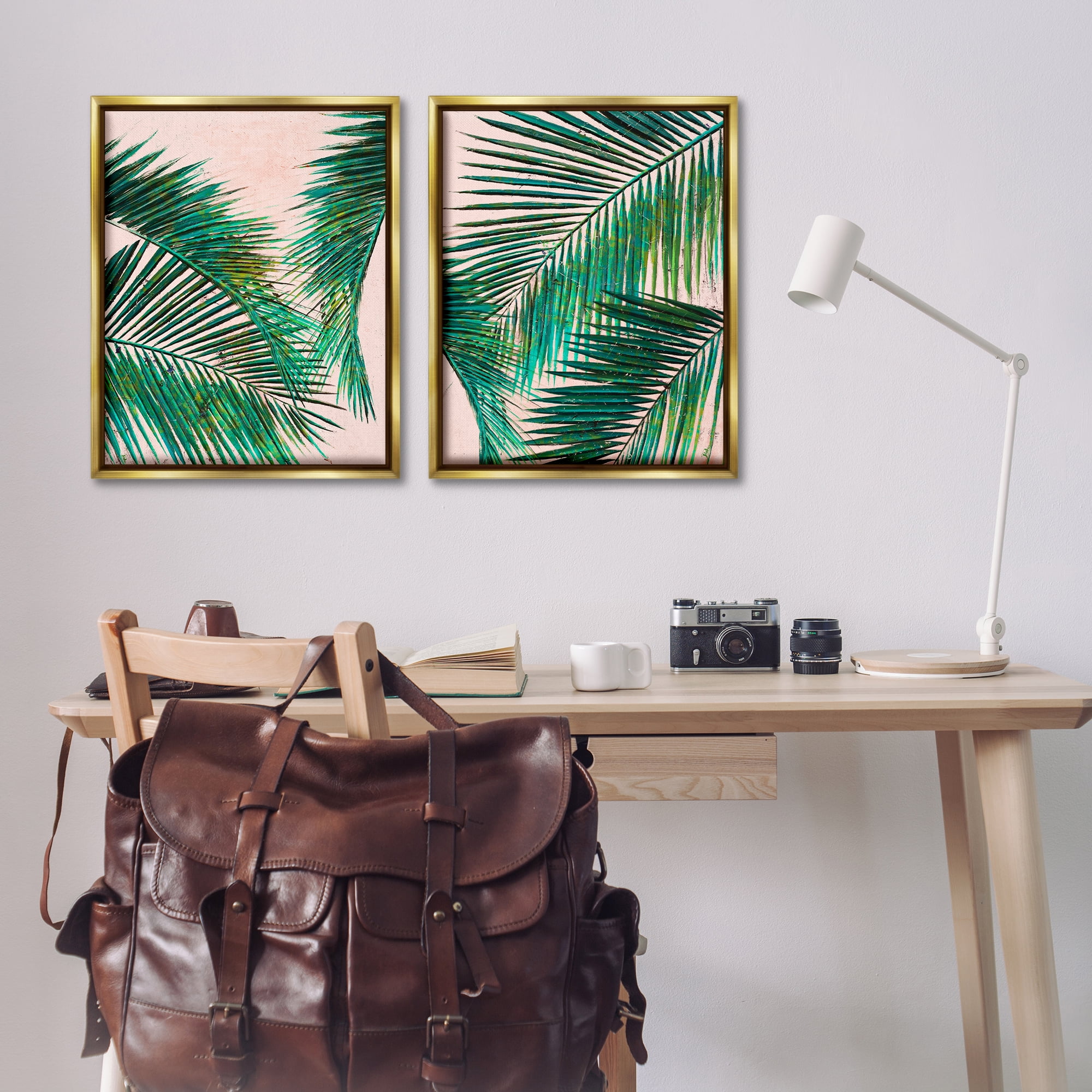 Stupell Industries Tropical Palm Fronds Plants & Flowers Painting Gold Floater Framed Canvas Art Print Wall Art, 31 x 25, Set of 2