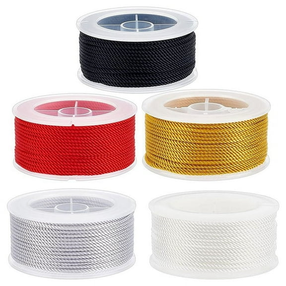 131Yd/120m 1.5mm Twisted Nylon Cord 3-Ply Satin Trim Macrame Thread String Braided Beading Cord,5 Colors