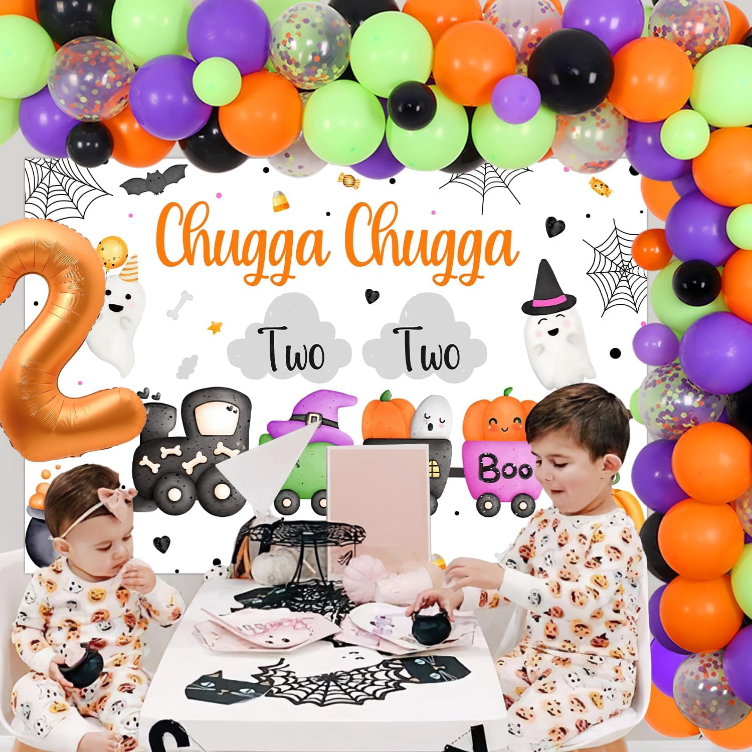 71Pcs Halloween Chugga Chugga Two Two Birthday Party Decorations Train Backdrop Orange Black Number 2 Halloween Balloon Garland Arch Kit Foil Balloon for Halloween 2nd Birthday Party Decor Supplies