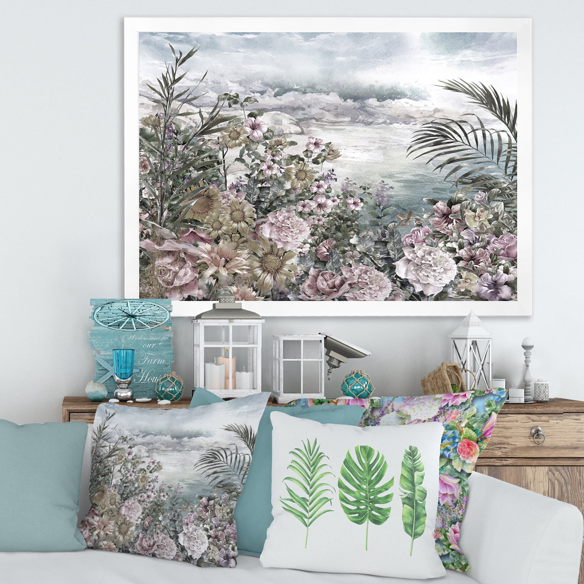 Designart 'Abstract Retro Flowers By The Sea Side' Vintage Framed Art Print