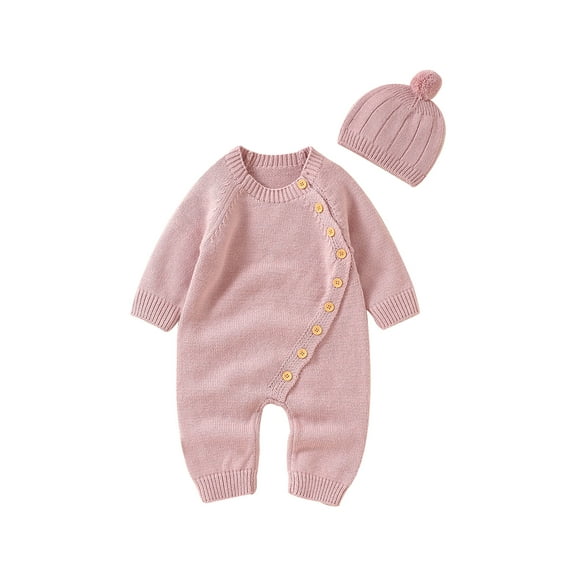 Michellecmm Newborn Baby Boy Girl Long Sleeve Solid Knitted Sweater Romper Knit Button Jumpsuit with Hat Fall Winter Clothes
