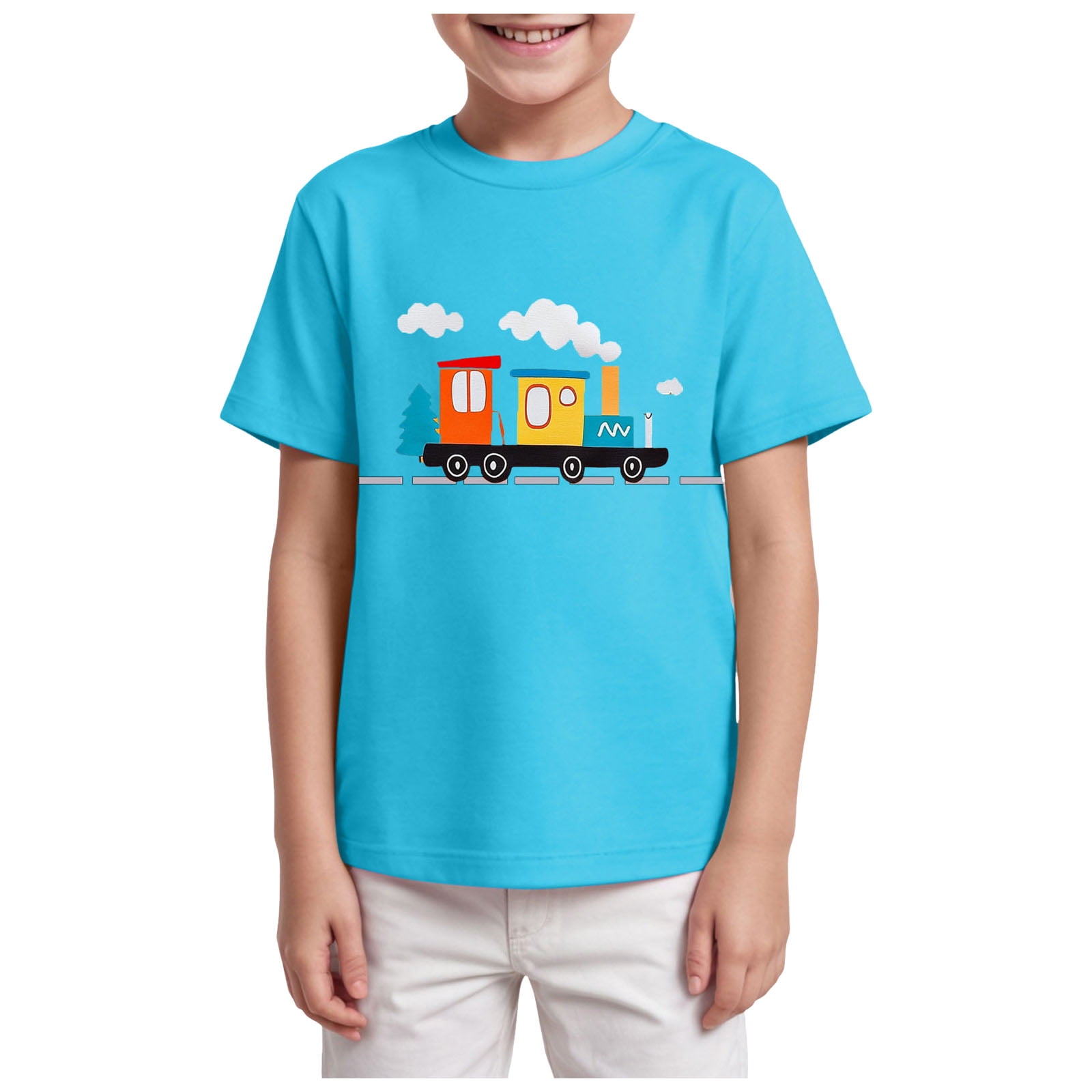 Karoyedx Boys Clothes Boys Short Sleeve T Shirts Kids Fashion Print Crewneck Tees Summer Tops Sky Blue Size 5-6 Years