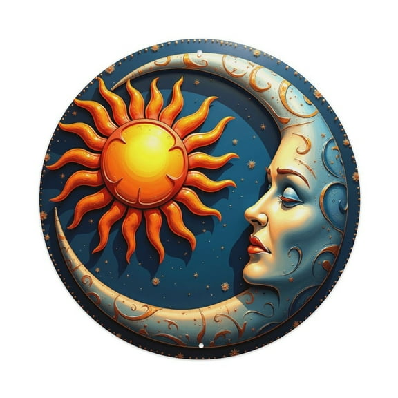 Vintage Wall Decor Sun Moon Wall Plaque Sign Round Metal Sign Round Welcome Door Hanging, Suitable for Home Garden Kitchen Bar Cafe Restaurant Garage Wall Decor 8x8 Inch
