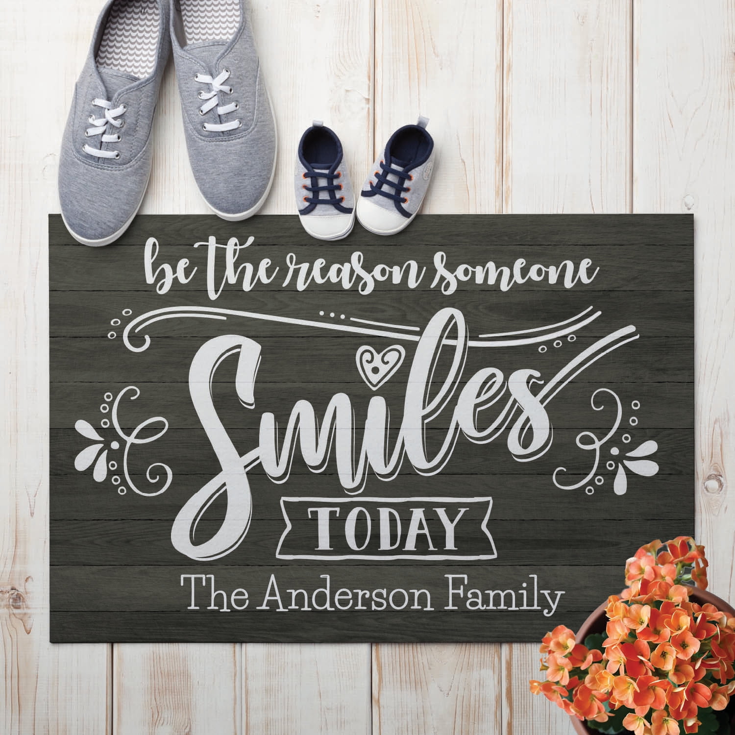 Personalized Planet 27x18 Be The Reason Someone Smiles Today Uplifting Doormat with Custom Family Name Printed on Gray Rectangular 1/4” Thick Non Slip Mat for Kitchen Hallway Deck or Porch