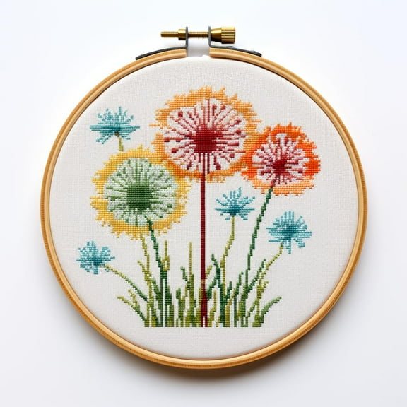 Colorful Dandelion 11CT Stamped Cross Stitch Kits Easy for Beginners Child with Hoop DIY Needlepoint Counted Embroidery Kits Art Craft Wall Decor 12x12IN(1)