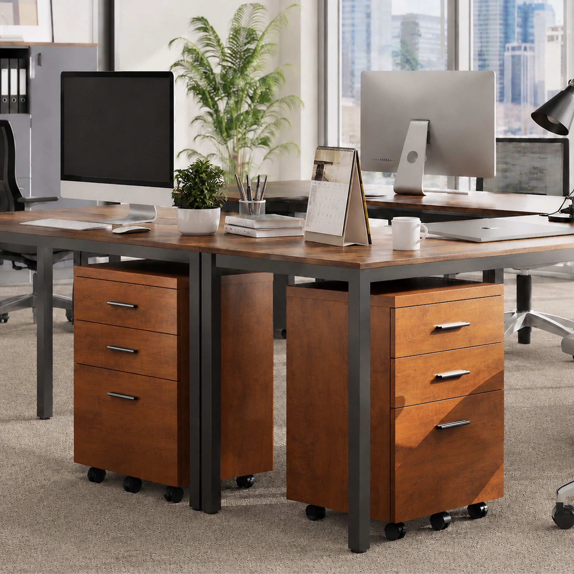 GALAXHERO Wood Rolling File Cabinet with 3 Drawers(Widen), Portable Vertical Mobile Wooden Storage Filing Cabinet, for Home Office, Walnut