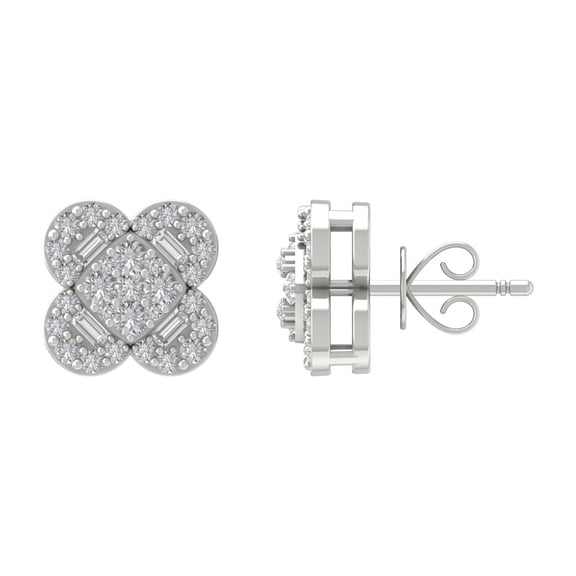 ARAIYA 10K White Gold Round and Baguette Shape Diamond Stud Earrings (1/2 cttw, I2-I3 Clarity, I-J Color)