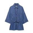 thumbnail image 3 of HH TRAF 2024 Camisas de mujer Denim Azul Cuello vuelto Manga larga Lazo decorado Blusas de un solo pecho Otoño Mujer Tendencia, 3 of 5