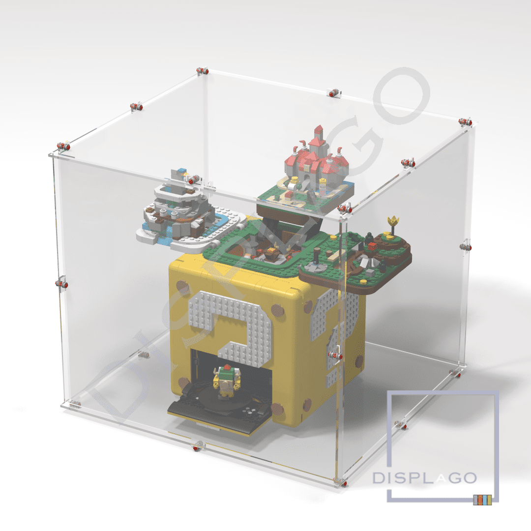 Display Case for LEGO® IDEAS #71395 “Mario Cube”. Open position. Display case for minifigures. Star Wars® display case. Compatible LEGO® display.