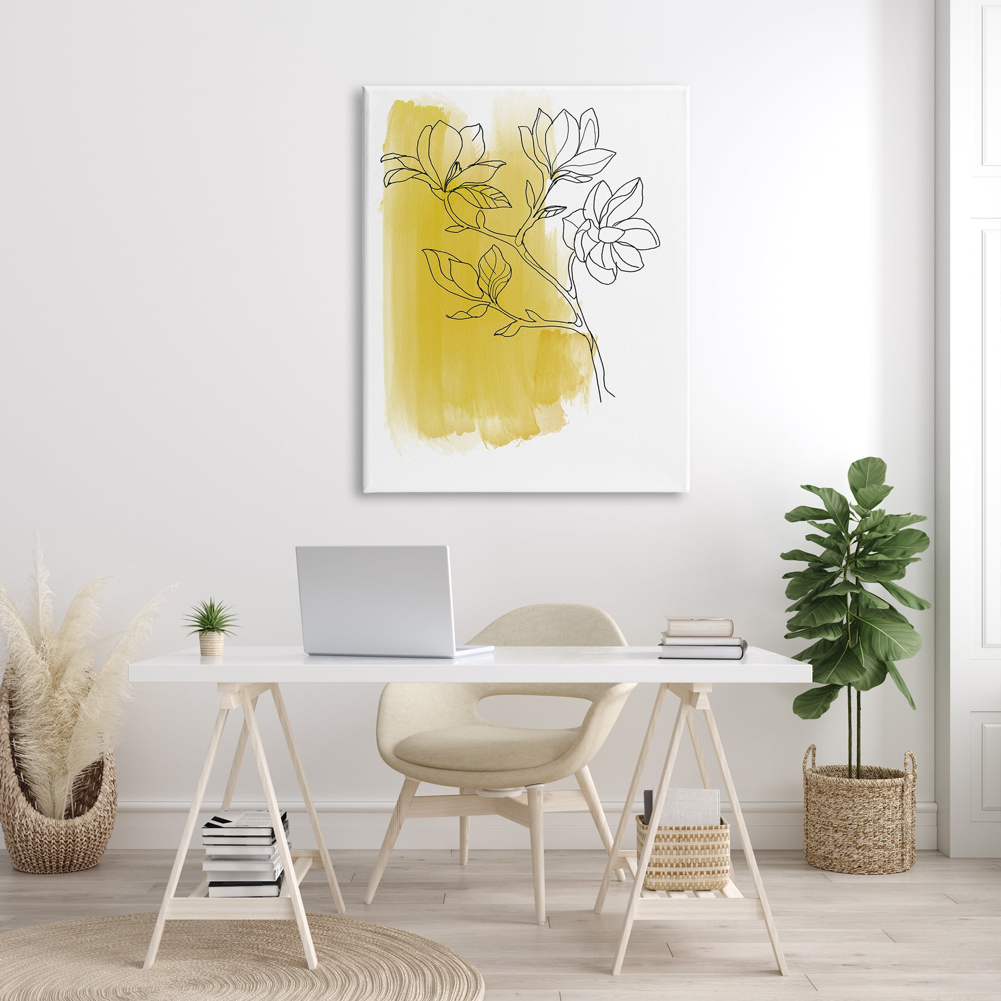 Stupell Industries Tree Blossom Branch Line Drawing Yellow Brush Pattern Botanical & Floral Painting Gallery Wrapped Canvas Print Wall Art, 36 x 48
